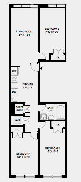Floor plan for 3 beds, 1 bath, 833 sqft